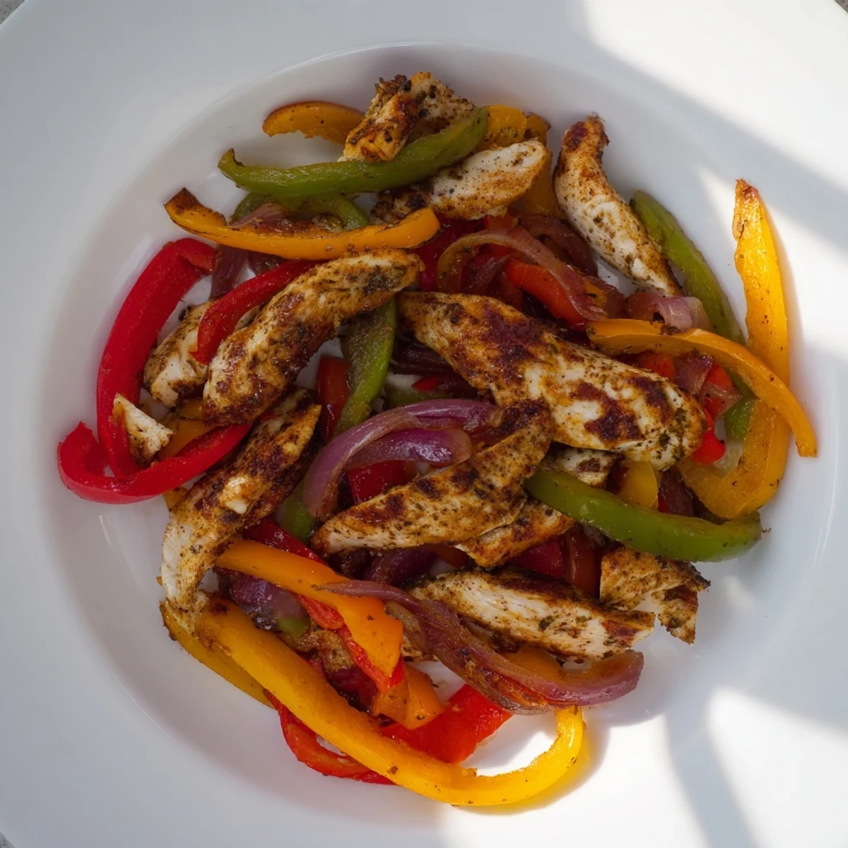 Sheet-Pan Chicken Fajitas, sizzling from the oven with tender chicken, colorful peppers, and onions.