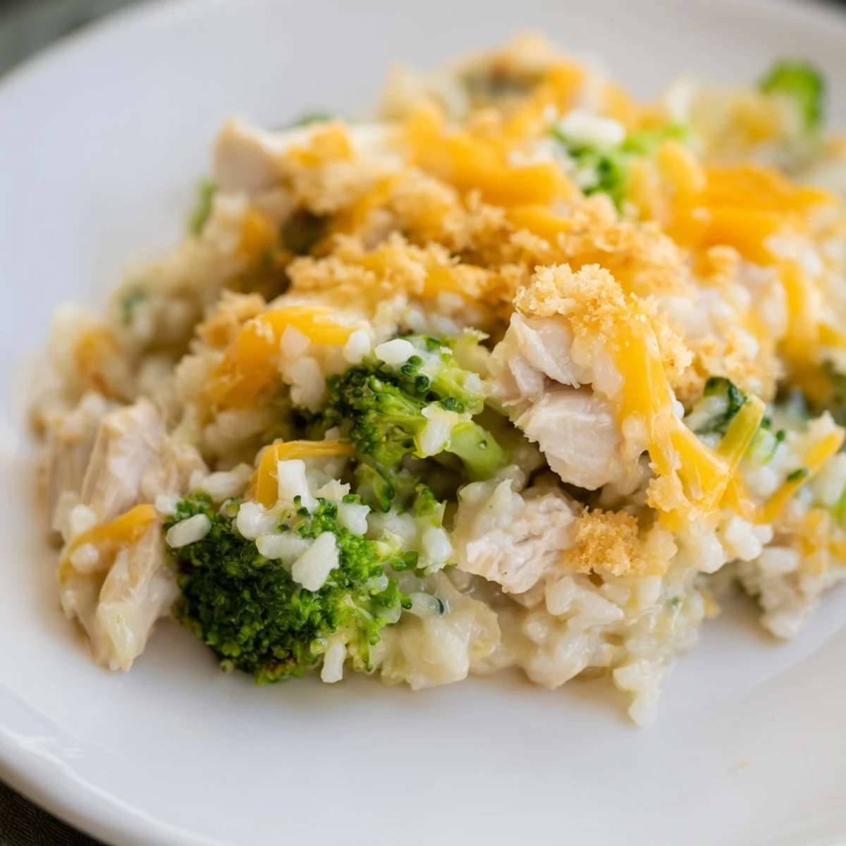 Golden, bubbly Chicken & Broccoli Rice Casserole, a comforting weeknight meal with cheesy goodness.
