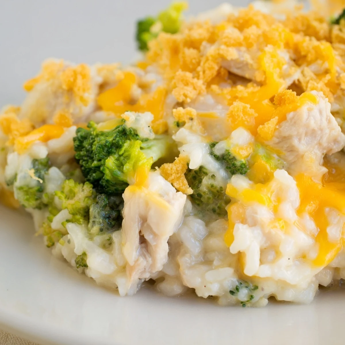 A top-down view shows a warm, creamy Chicken & Broccoli Rice Casserole, perfectly baked and ready to eat.