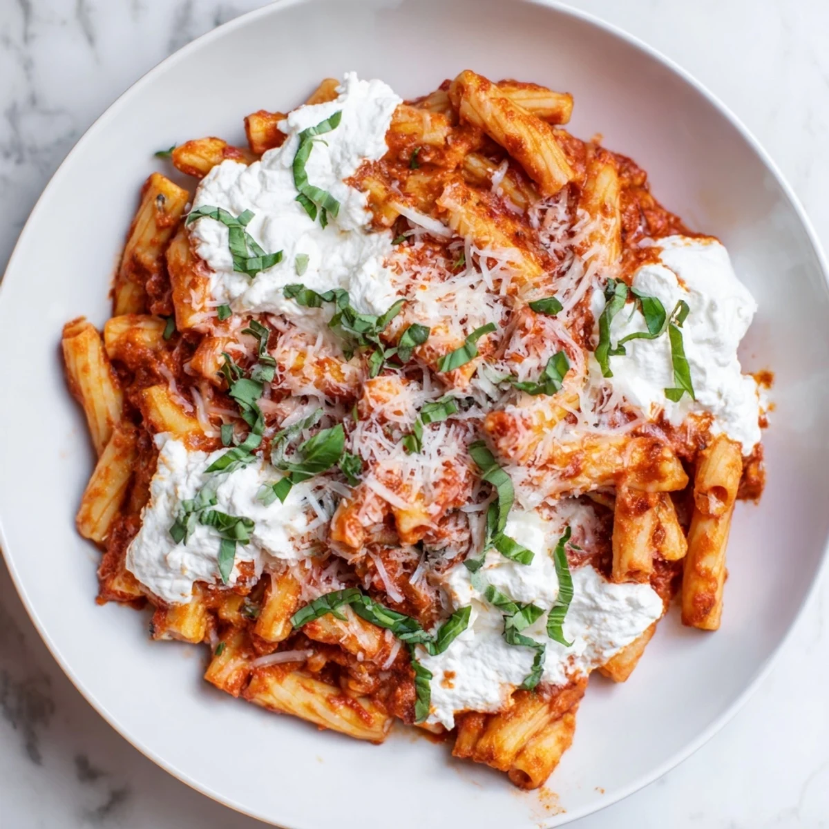 A close-up shot of steaming One-Pan Baked Ziti, perfect for a weeknight dinner with the family.