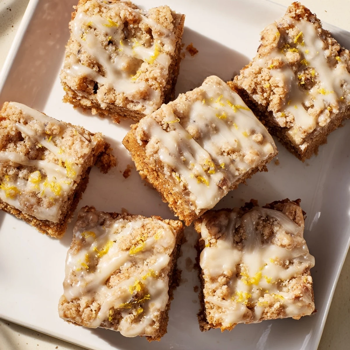 Golden-brown Lemon-Glazed Gingerbread Crumble Bars, drizzled with a sweet citrus glaze, perfect dessert.