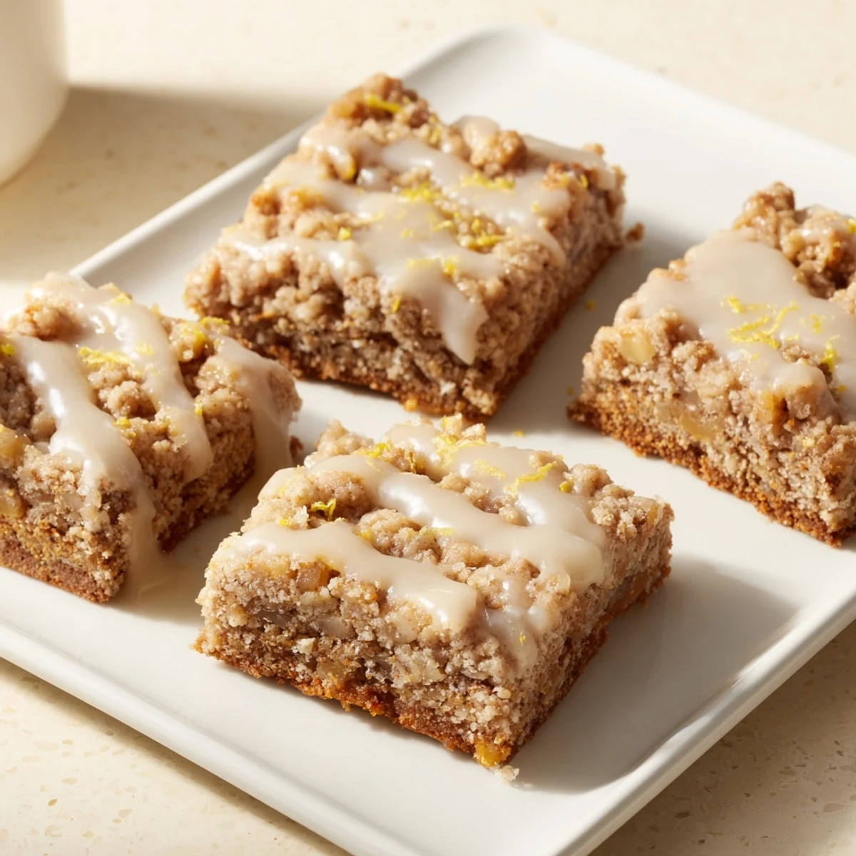 Close-up of baked Lemon-Glazed Gingerbread Crumble Bars, a festive dessert with a tempting texture.