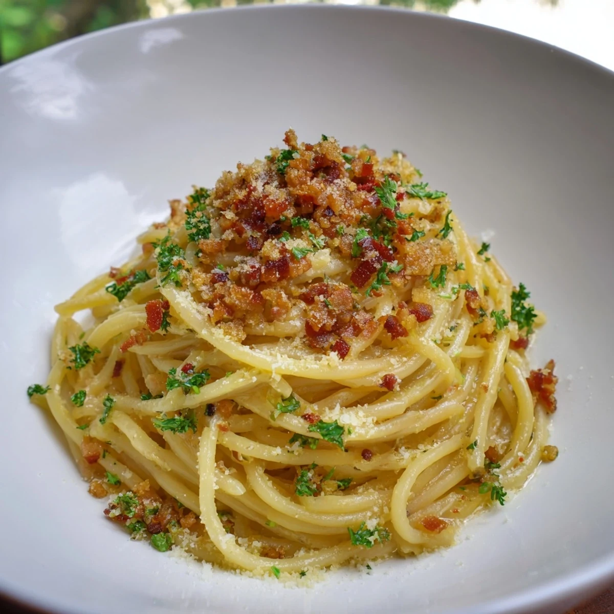 Golden, crispy bacon tops the creamy Garlic Butter Pasta, inviting you to enjoy this flavorful dish.