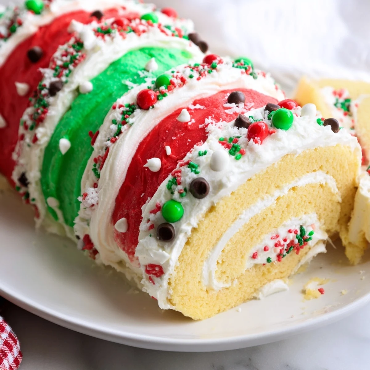 Festive Ugly Sweater Cake Roll decorated with colorful frosting and sparkling holiday sprinkles, ready to serve.