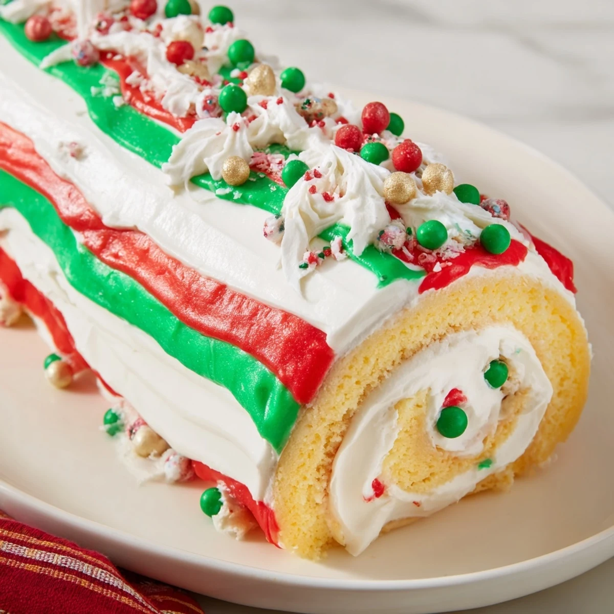 Delicious, visually playful Ugly Sweater Cake Roll, a store-bought dessert decorated for a fun holiday party.