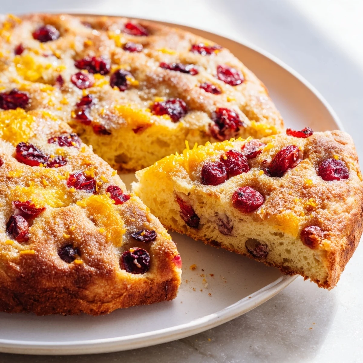Homemade Cranberry Orange No-Knead Focaccia, with a crispy crust and soft interior, perfect for sharing.