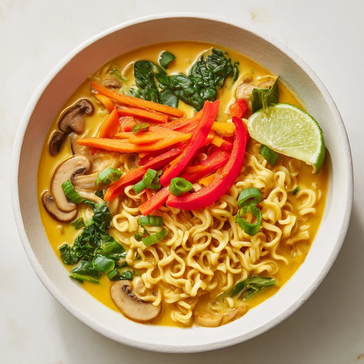 A comforting close-up: Spicy Curry Coconut Ramen topped with green onions, ready to eat.