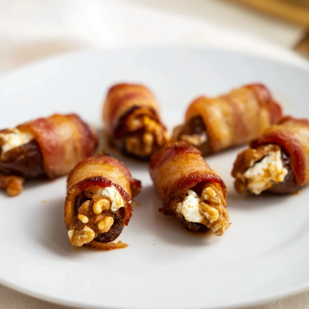 Close-up of crispy bacon wrapped dates, filled with creamy cheese and nuts, ideal appetizer.