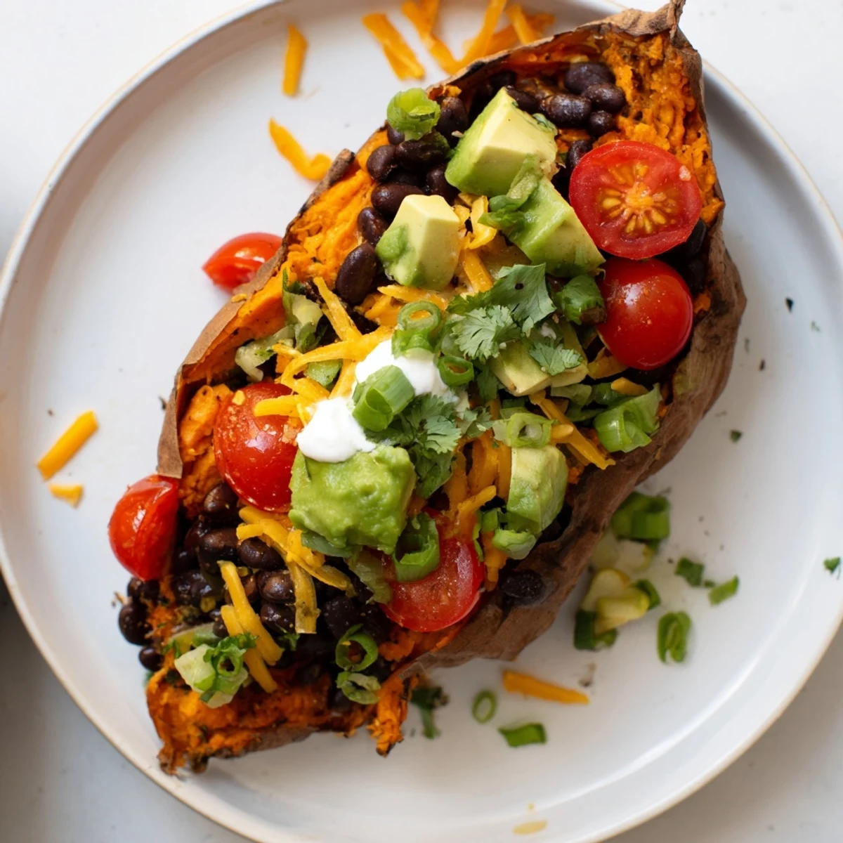 Steaming loaded baked sweet potatoes bursting with flavorful toppings, a satisfying vegetarian meal.