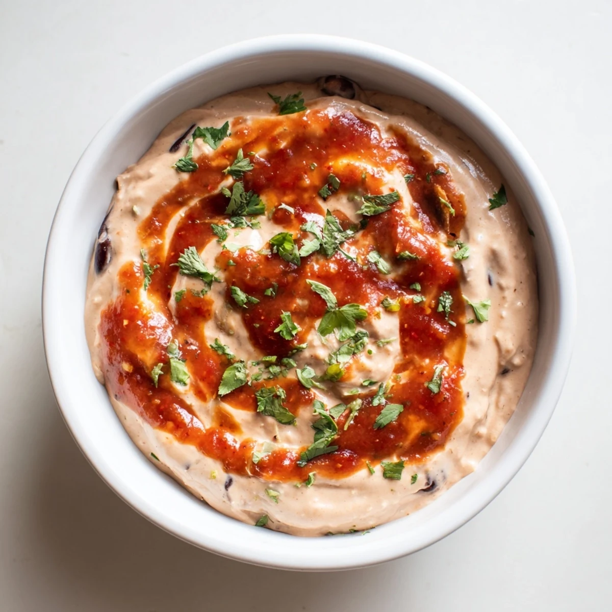 Creamy, smooth Spicy Black Bean Dip ready to serve with crispy tortilla chips for a snack.