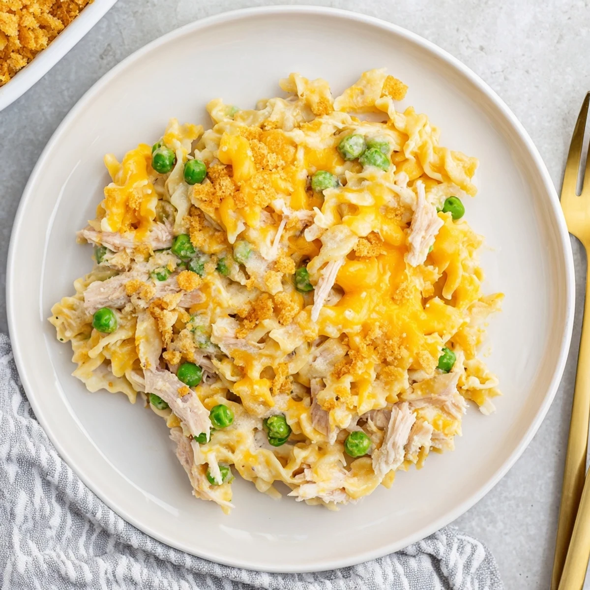 Golden brown Creamy Tuna Noodle Casserole with a crispy Ritz cracker topping, ready to serve and enjoy.