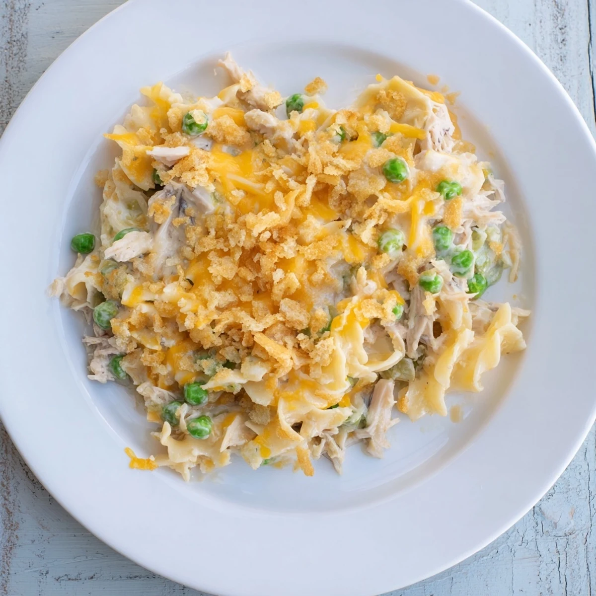 A bubbling baking dish of Creamy Tuna Noodle Casserole with peas and noodles, smelling delicious!