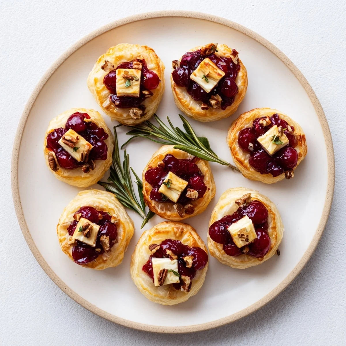 Golden, flaky Cranberry Brie Bites appetizer ready to eat, with melted cheese and vibrant cranberry topping.