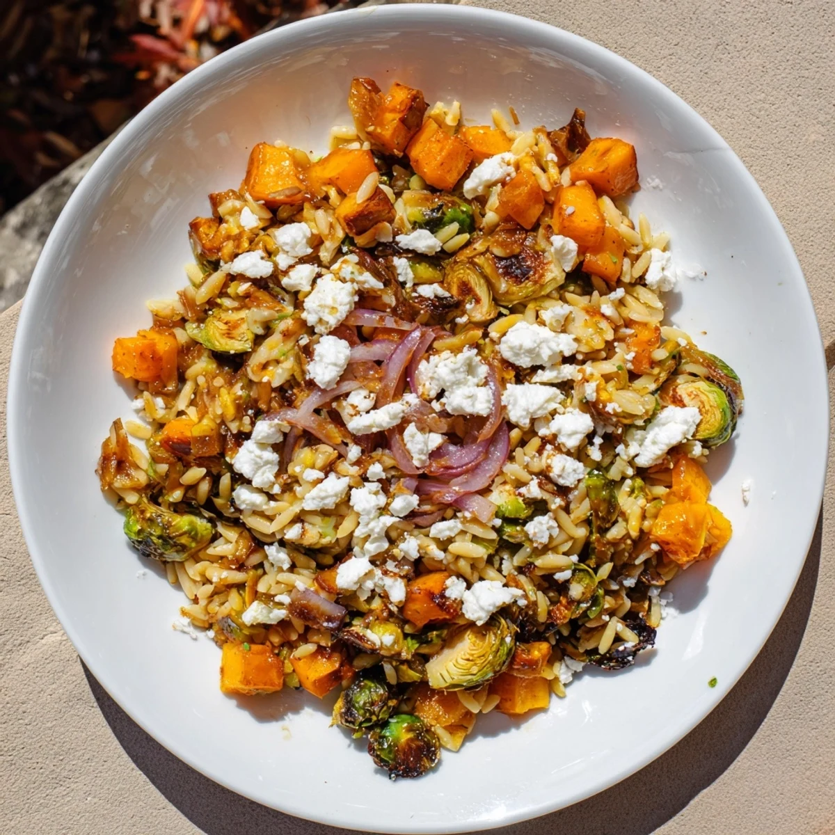 Golden orzo salad with roasted vegetables and creamy goat cheese, an eye-catching fall delight.