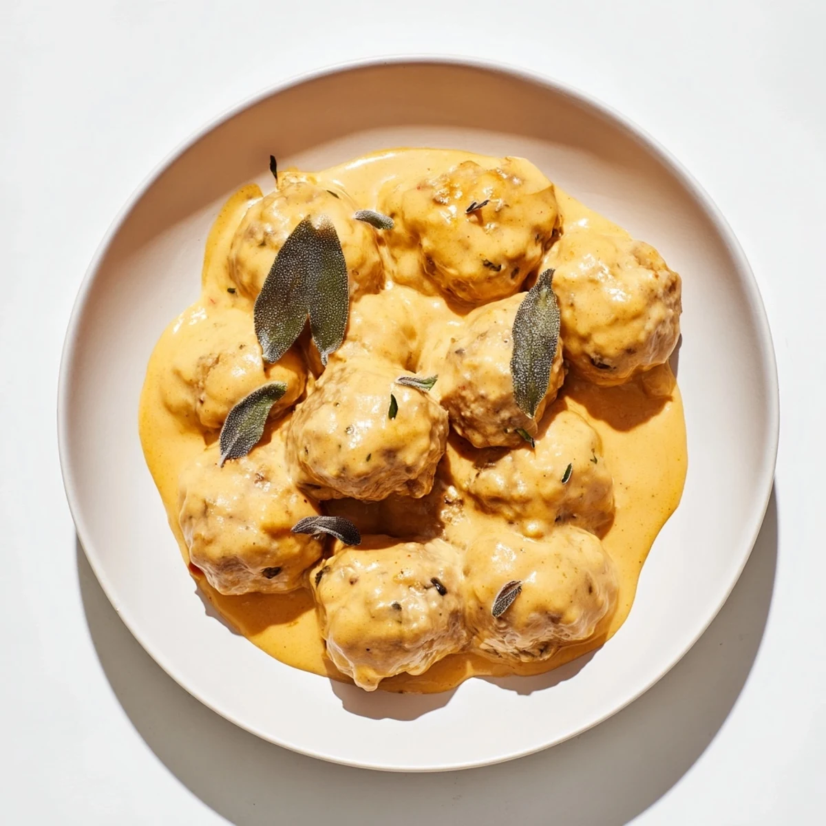 Juicy turkey meatballs swimming in a creamy, vibrant pumpkin sage sauce, ready for dinner.