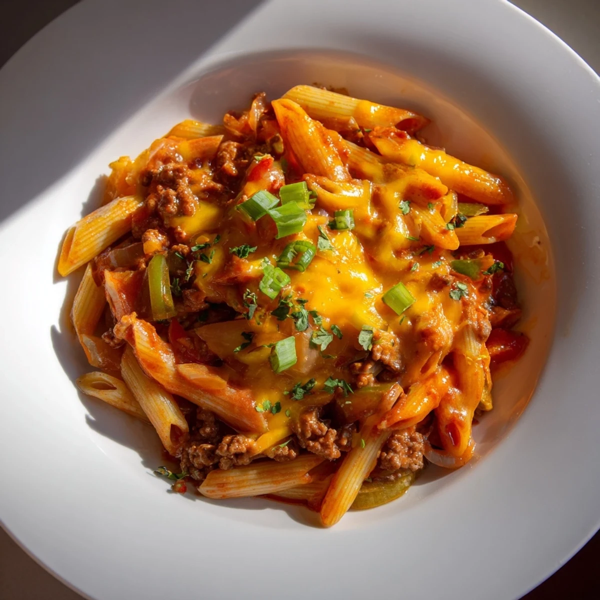 A comforting close-up showing the cheesy, delicious Easy Beef Enchilada Pasta, a family favorite.