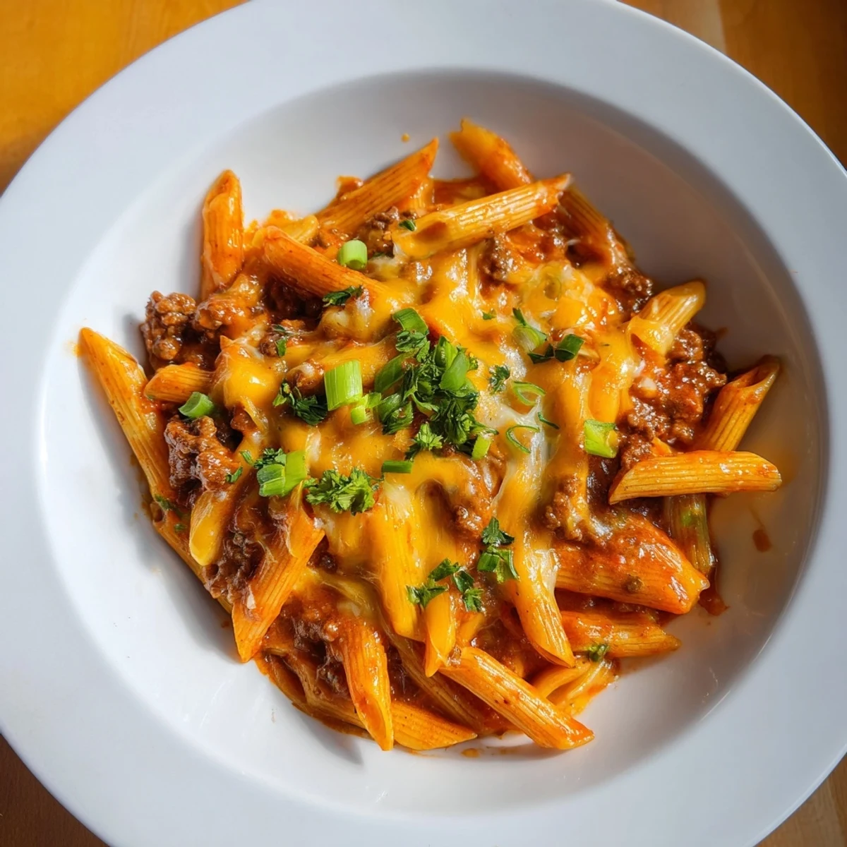 Easy Beef Enchilada Pasta, a one-pot meal, featuring melted cheese and bubbling enchilada sauce.