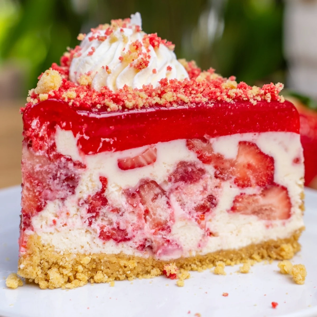Rich and decadent Strawberry Shortcake Cheesecake, featuring a vibrant strawberry glaze and cookie crumble topping.