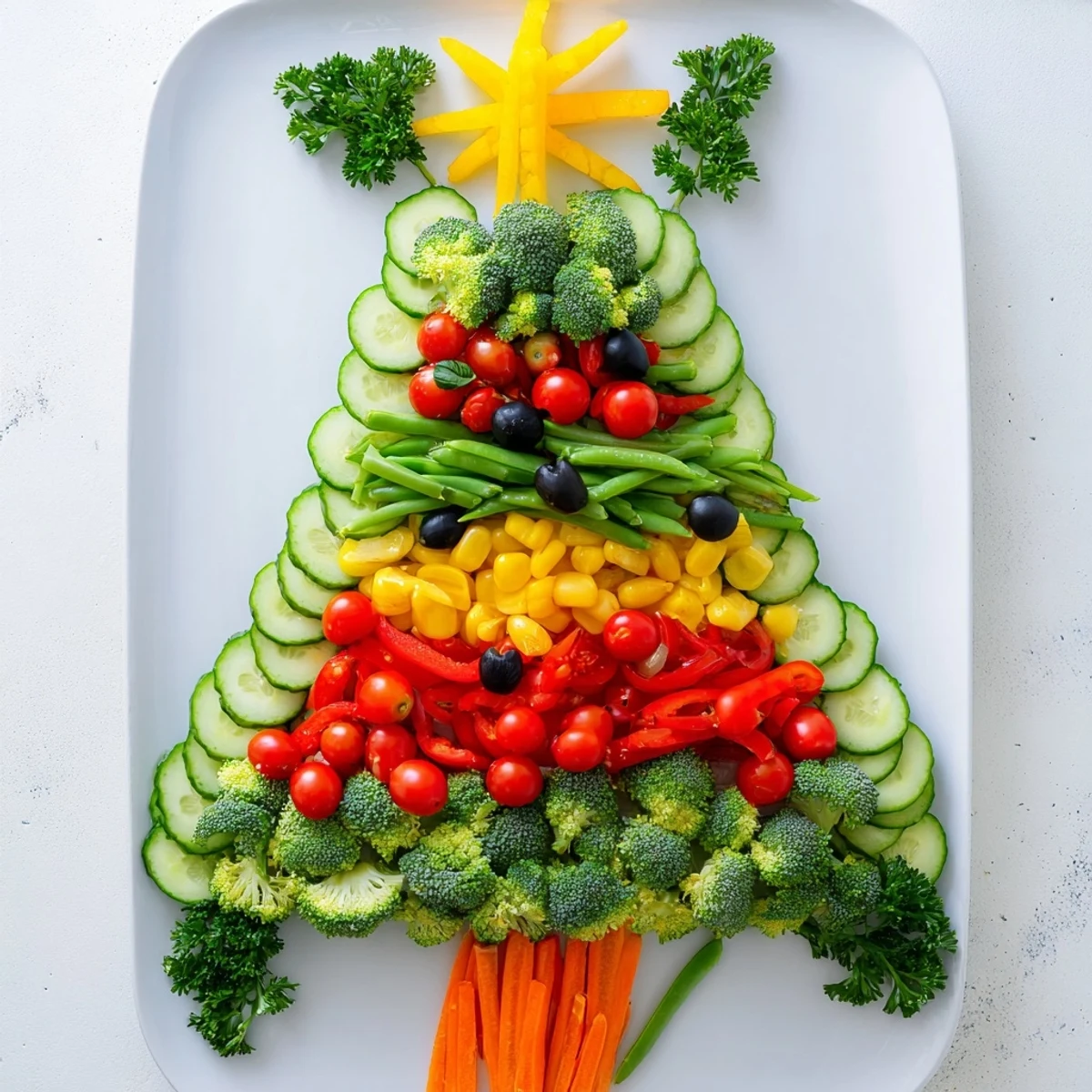 Festive Healthy Christmas Veggie Platter Tree, a colorful array of fresh vegetables perfect for a holiday appetizer.
