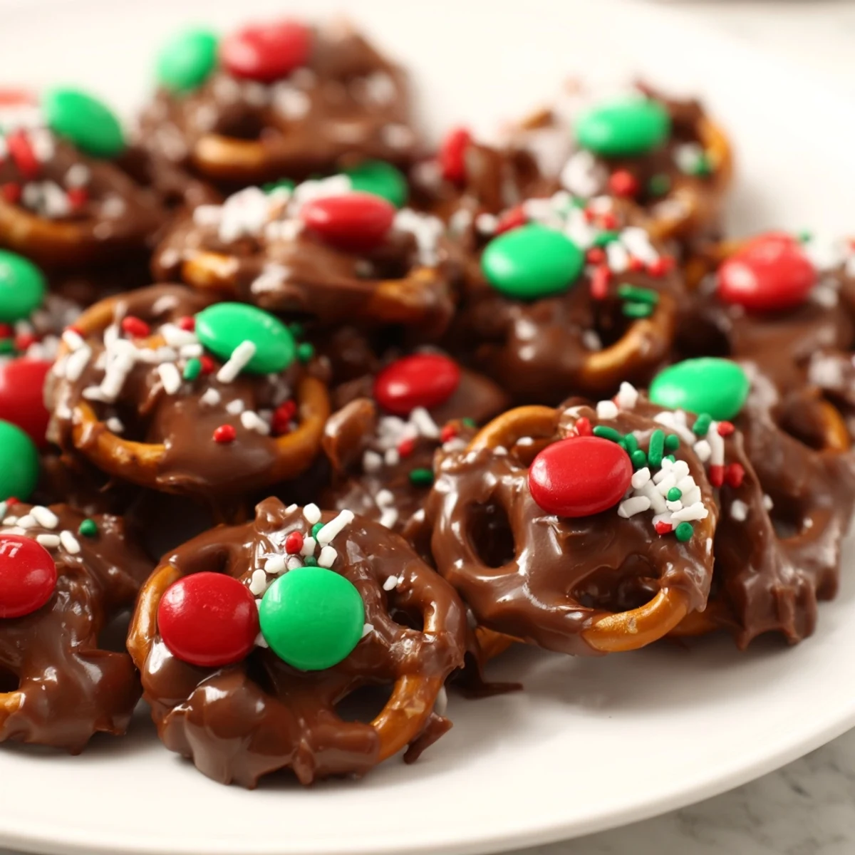 Golden-brown Air Fryer Christmas Pretzel Bites with melting chocolate and colorful holiday sprinkles, a perfect easy dessert.