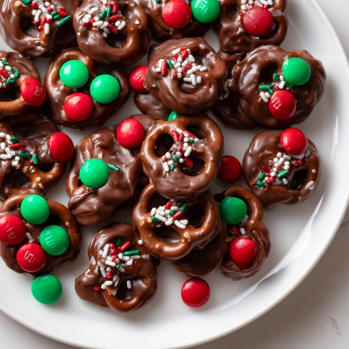 A close-up view of festive Air Fryer Christmas Pretzel Bites, drizzled with melting chocolate and sprinkled with Christmas colors.