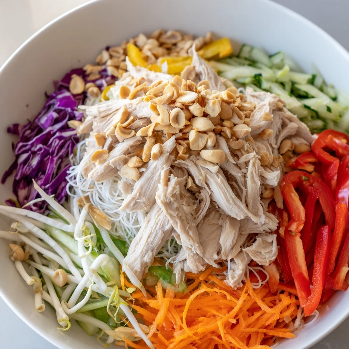 Vietnamese Crunch Noodle Salad with shredded chicken, a colorful salad ready for a light, delicious dinner.