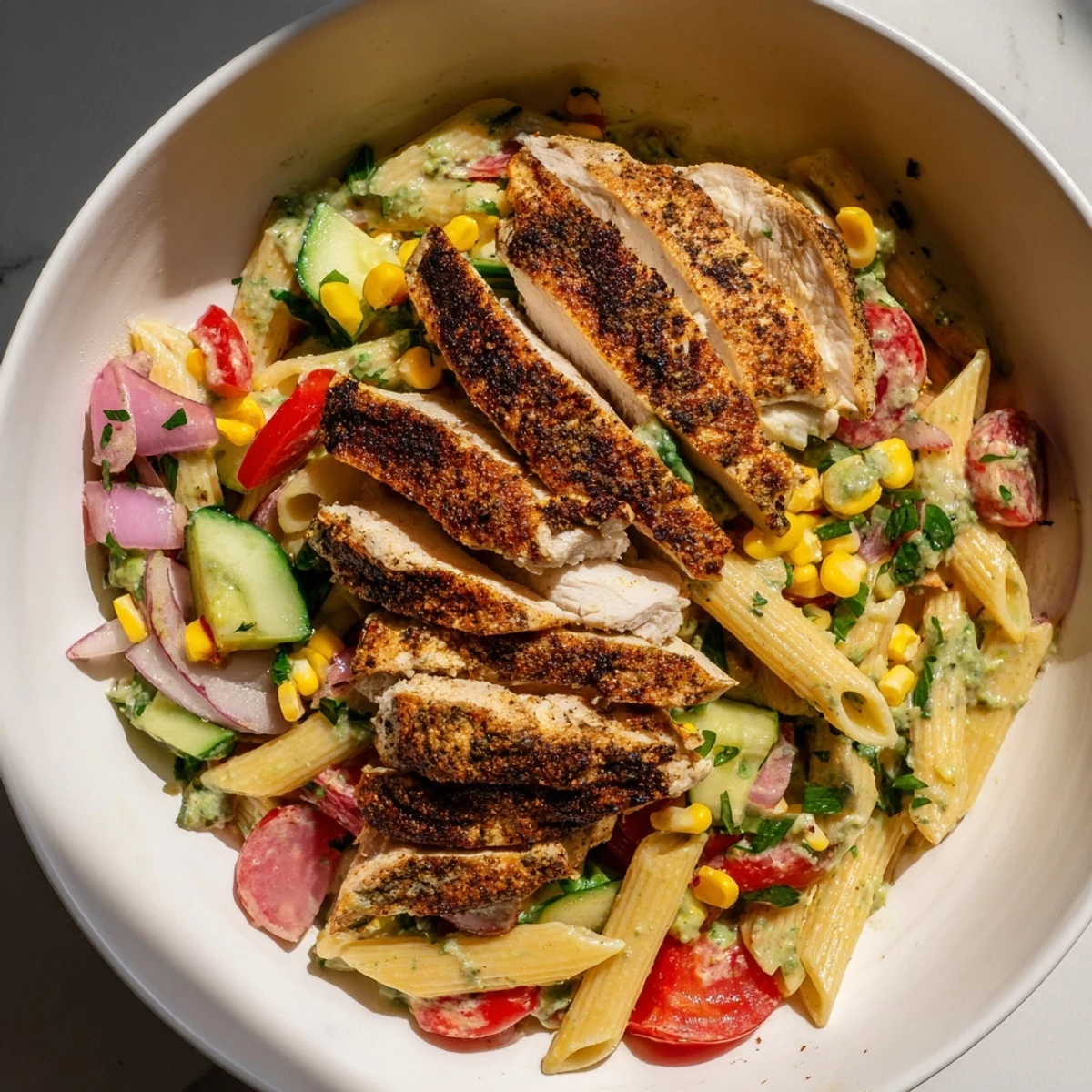 Vibrant Peruvian Aji Verde Chicken Pasta Salad with juicy chicken, coated in creamy green sauce.