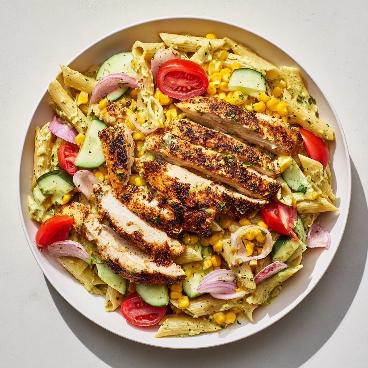 A bowlful of flavorful Peruvian Aji Verde Chicken Pasta Salad, bursting with fresh vegetable colors.