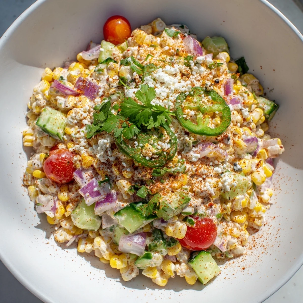 Mexican Street Corn Chopped Salad: a colorful image shows a vibrant, refreshing bowl of salad with cotija cheese.