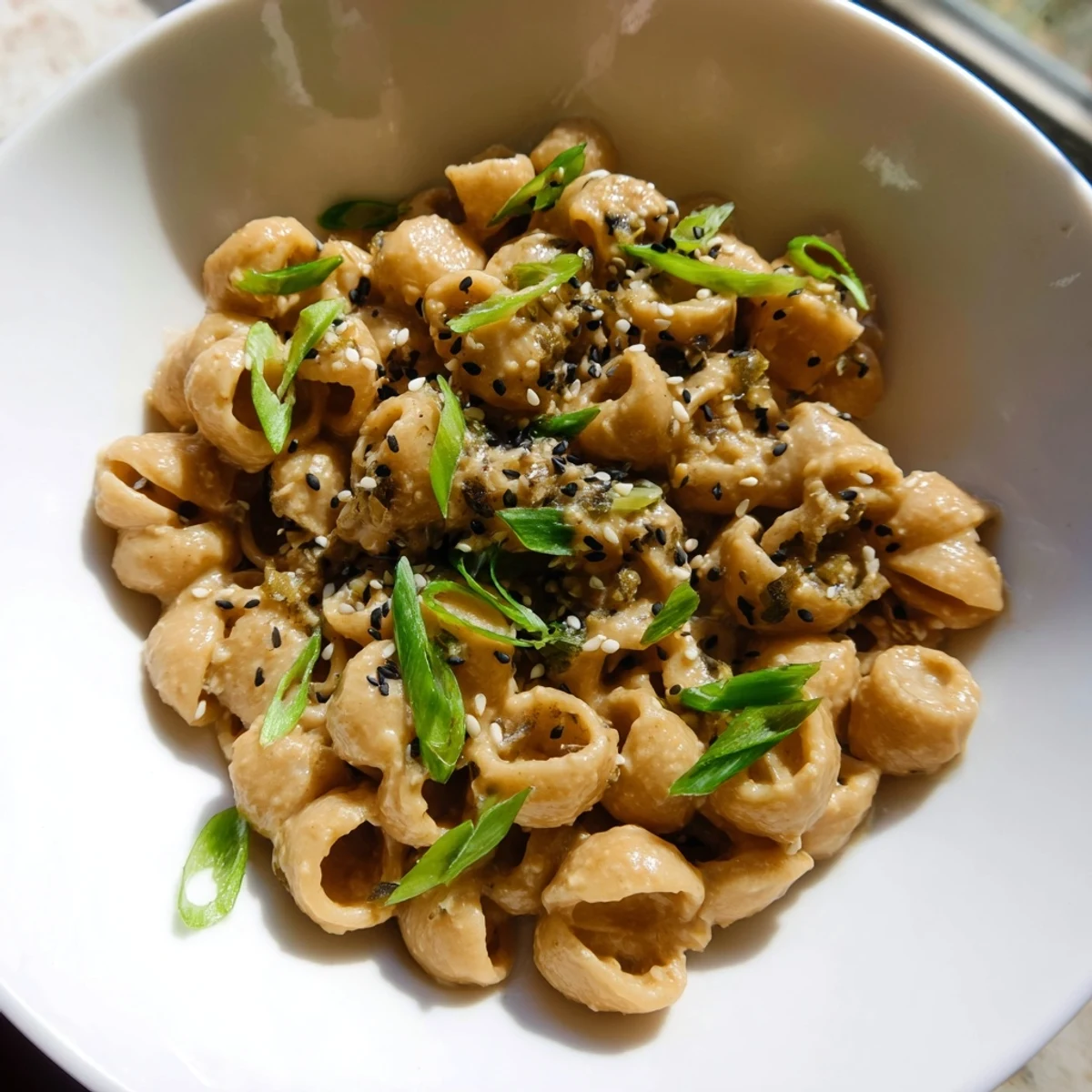 Creamy Japanese-Inspired Miso Ditalini, coated in a luscious miso sauce, ready for serving with scallions.