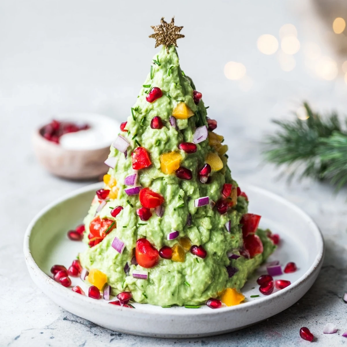 Creamy, festive Whipped Avocado Christmas Tree Dip, beautifully decorated with colorful, fresh vegetables as a unique appetizer.