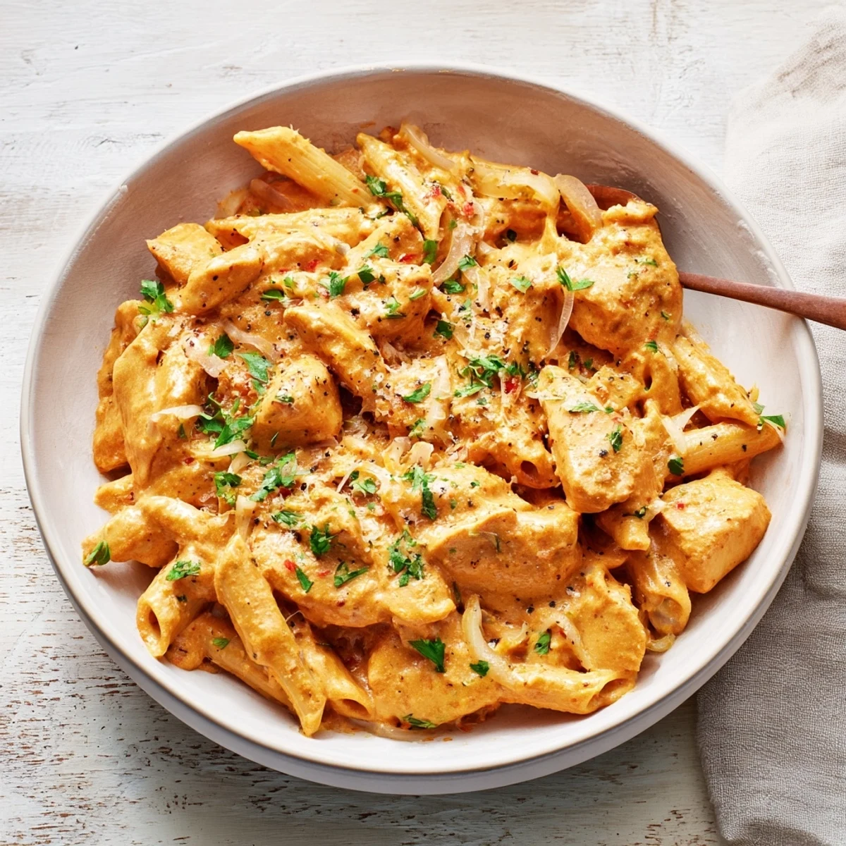Vibrant image of Creamy Chicken Tikka Masala Pasta, garnished with fresh cilantro, ready to be enjoyed.
