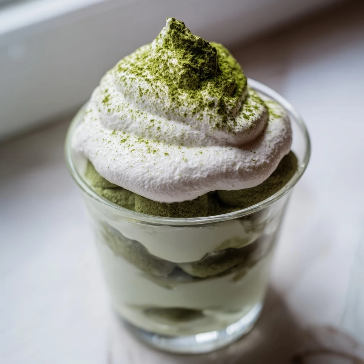 Fluffy matcha mascarpone tiramisu snow cups, layered with creamy mascarpone, ready for enjoyment.