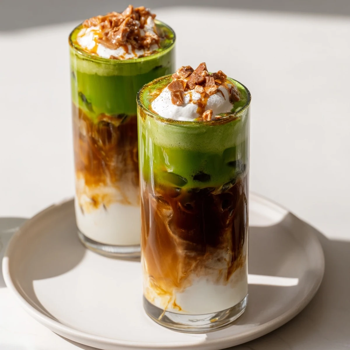 Glistening layers of Matcha, coffee, and caramel, this Caramel Brulée Iced Matcha Christmas Coffee Dupe looks festive and delicious.