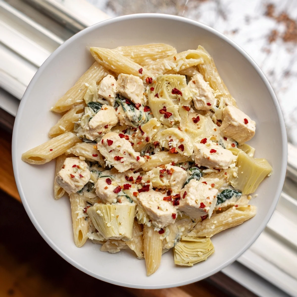 Enjoy a warm and satisfying bowl of Creamy Spinach Artichoke Protein Pasta Skillet, ready in under an hour.