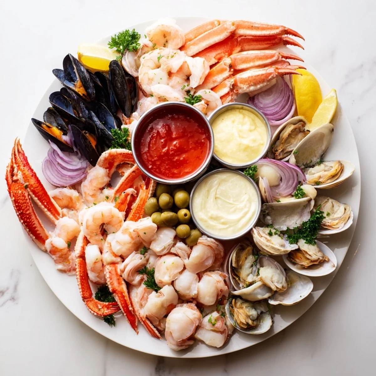 This lavish Starfish & Shell Appetizer Board displays plump shrimp and scallops alongside creamy sauces.