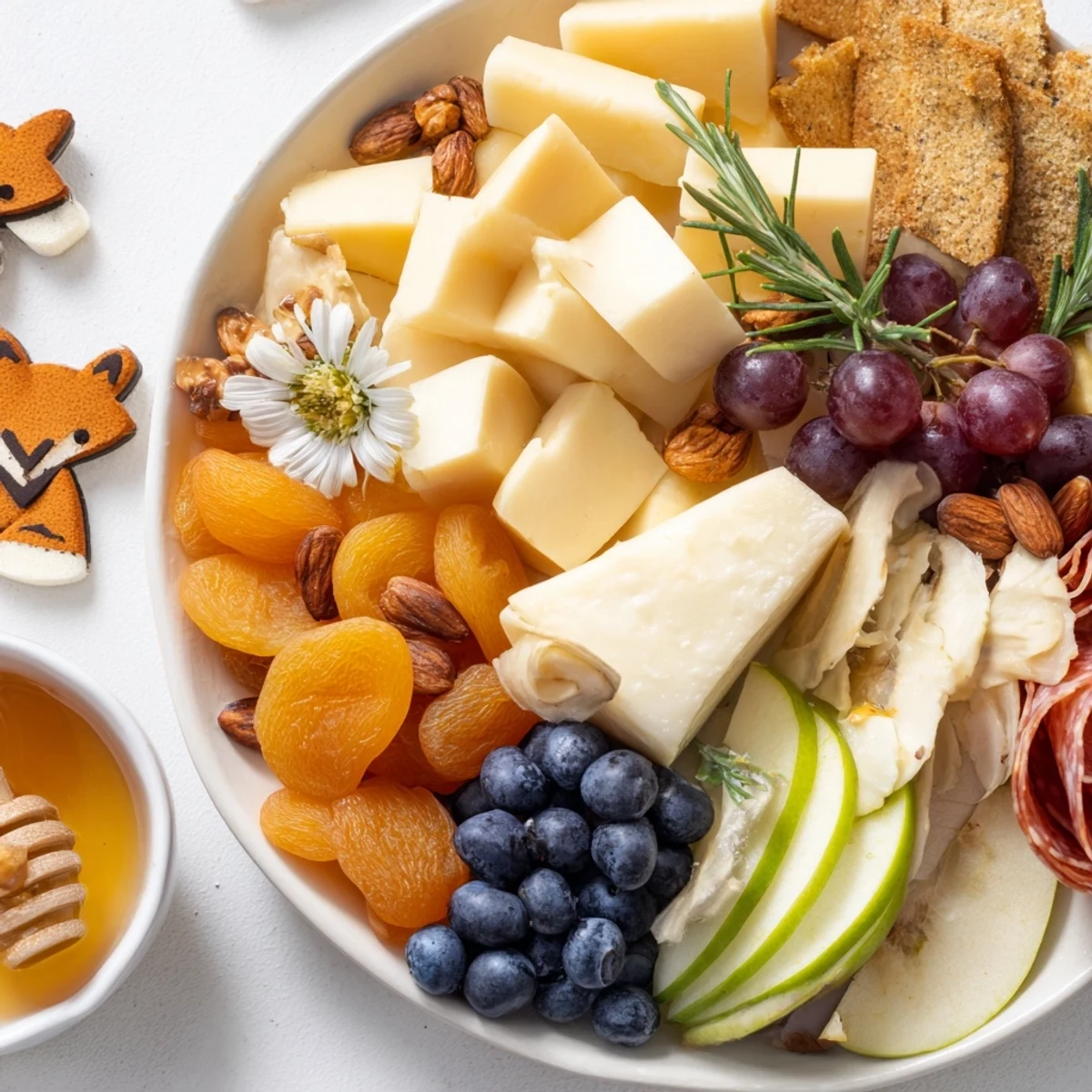 A beautifully arranged Cozy Forest Animal Board with cheeses, fruits, and playful animal crackers.