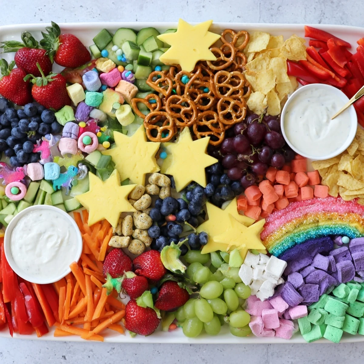 A dazzling Unicorn Party Platter bursting with colorful fruits, veggies, and magical treats for guests.