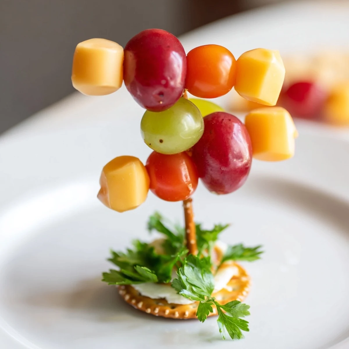 Up, Up, & Away Hot Air Balloon Snacks: Colorful cherry tomatoes and grapes burst from pretzel "baskets."
