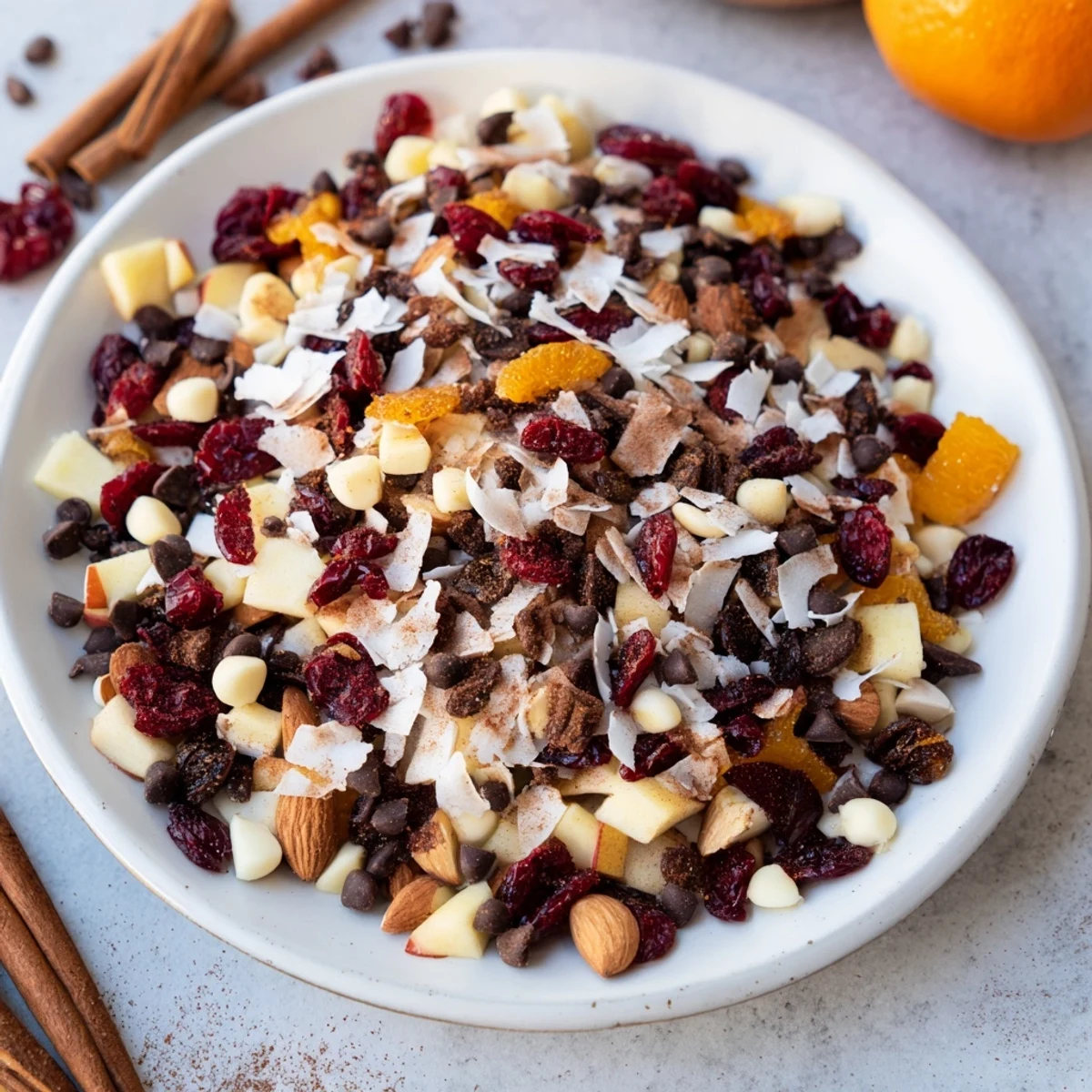 Close-up of the Mélange Hivernal Flocon de Neige, showing textures from dried fruits and cozy spices.