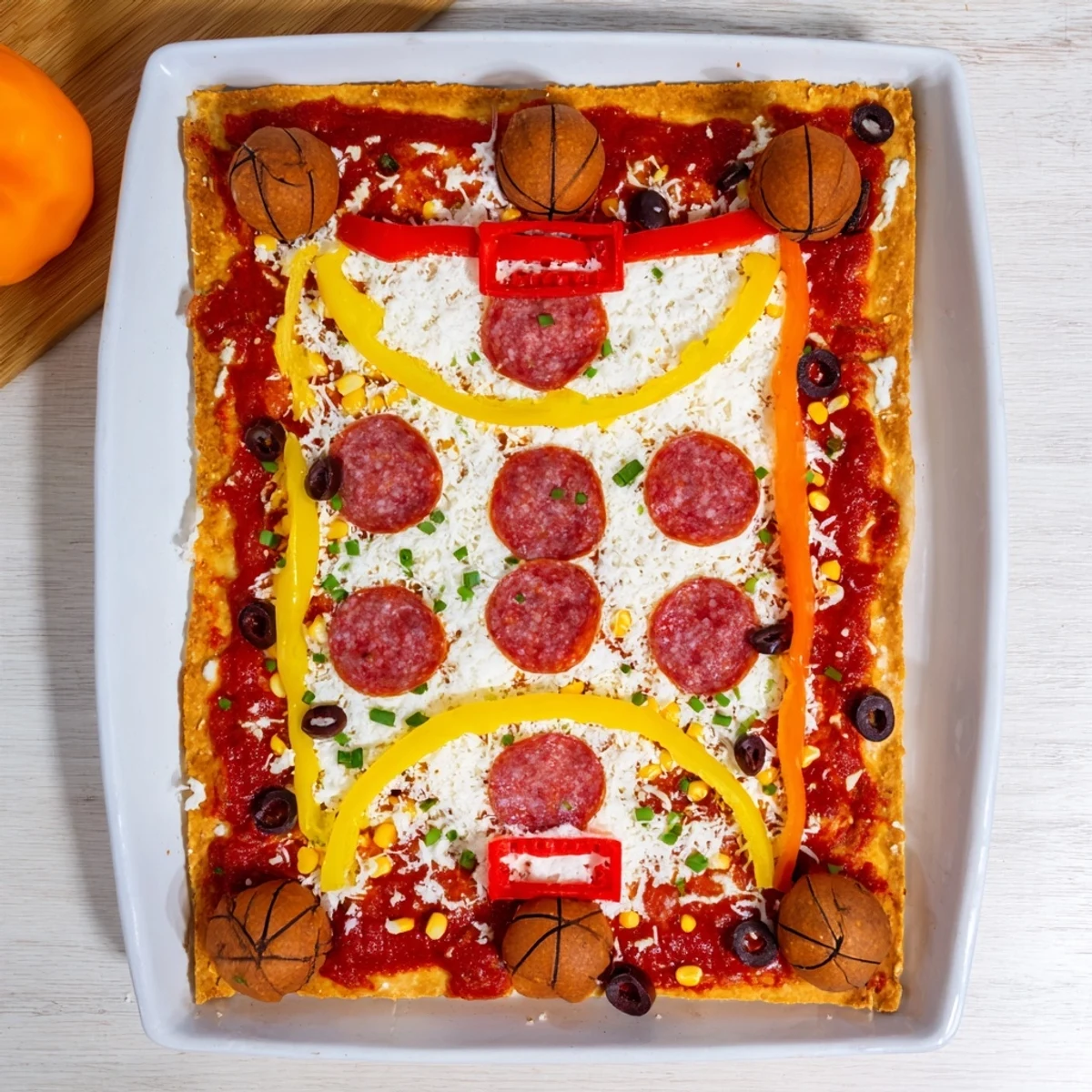 Basketball Court Pizza, with mozzarella and pepperoni, ready for a fun, game-day treat.