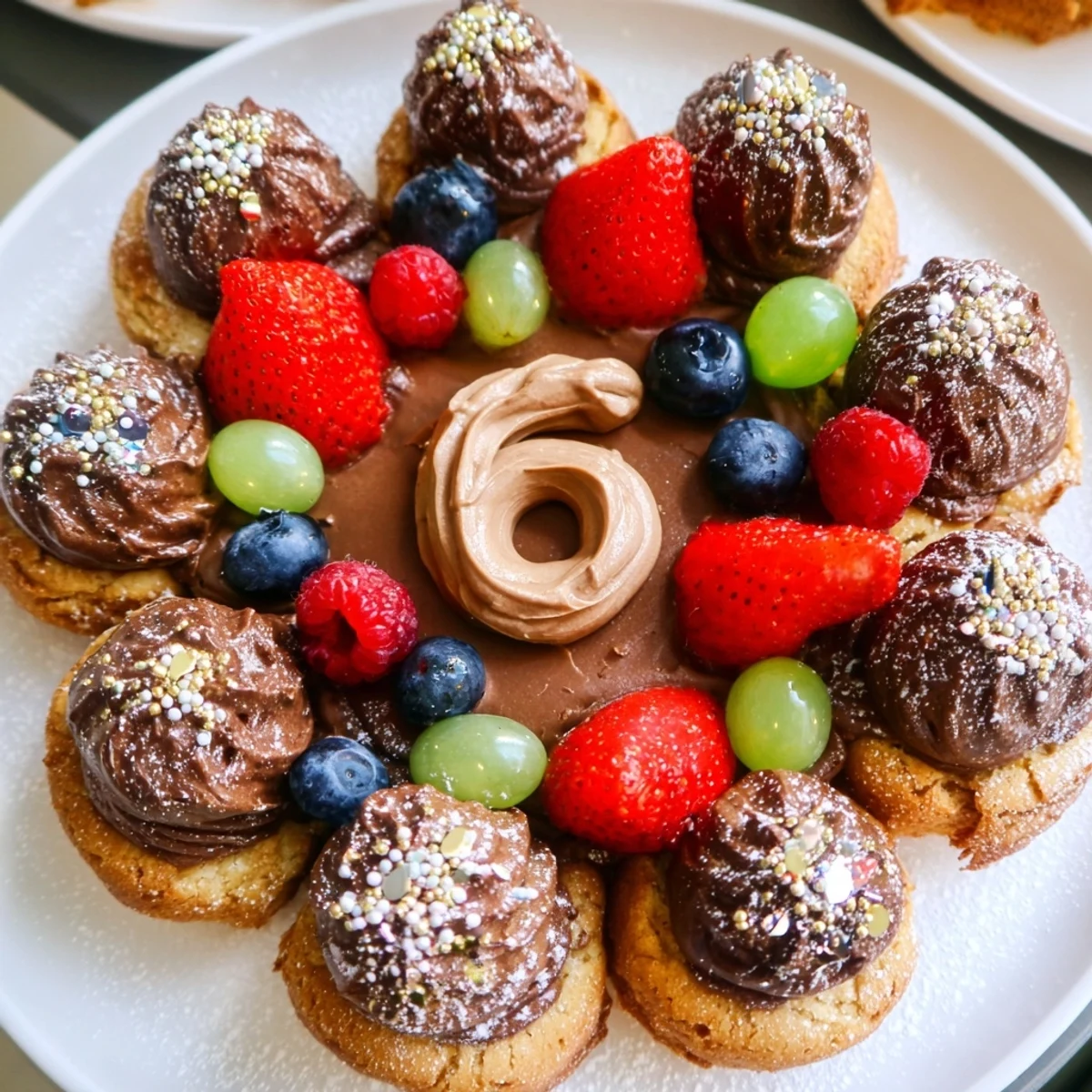 Elegant Sparkling Clock Countdown Platter showcasing a variety of colorful fruits and delicate pastries.