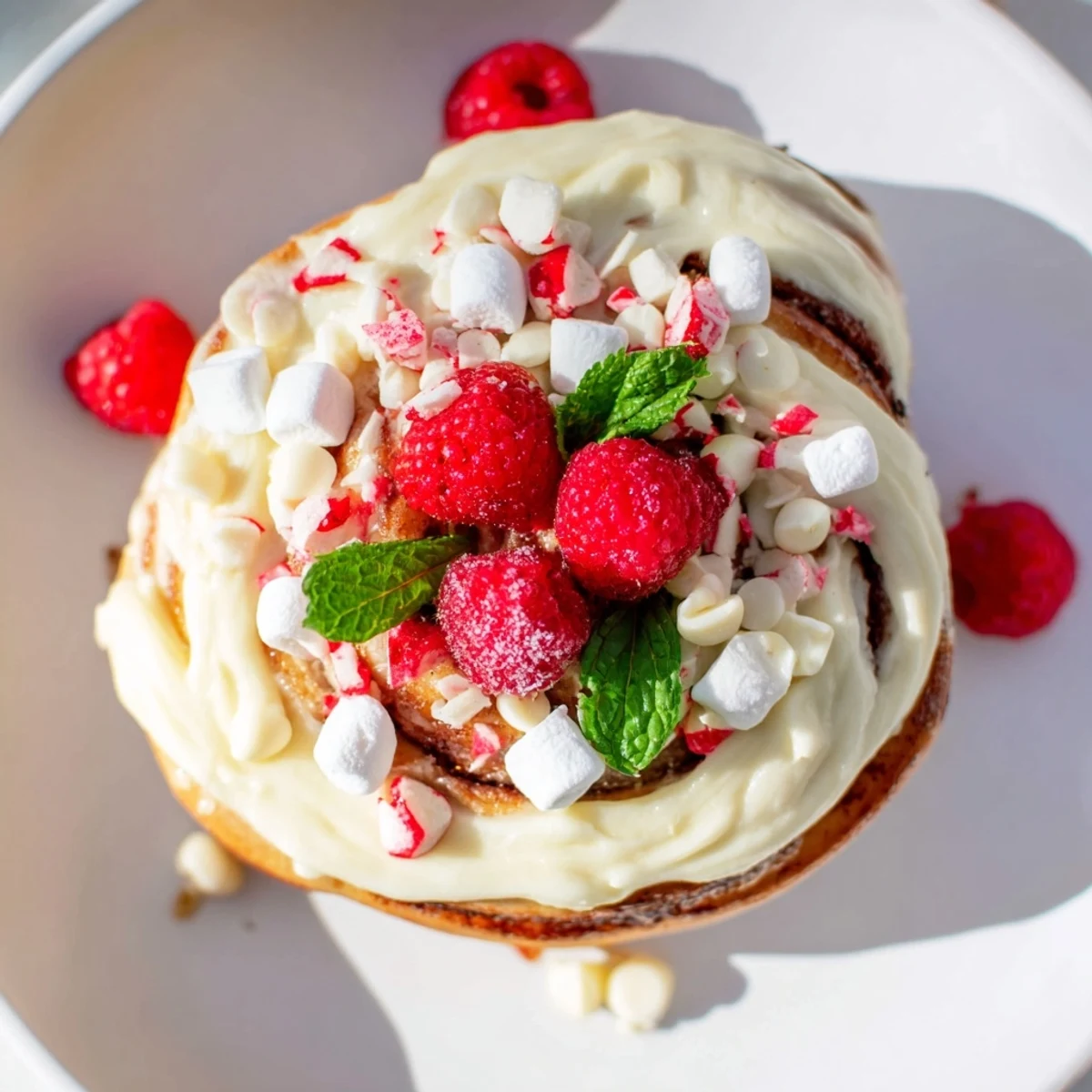 A close-up of a North Pole Cinnamon Roll Board, showcasing fluffy rolls, berries, and white chocolate chips for brunch.