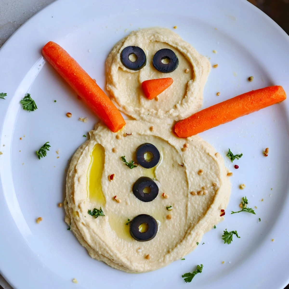 Melted snowman hummus platter, a festive appetizer with olives, carrot nose, and red pepper scarf.