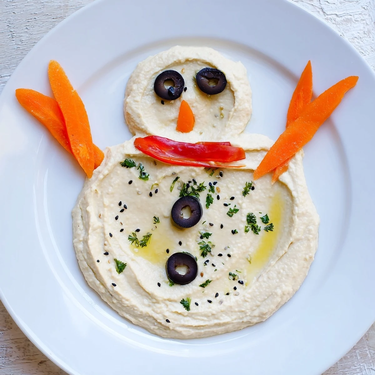 Vibrant melted snowman hummus platter, ready to be enjoyed with colorful vegetable dippers this winter.