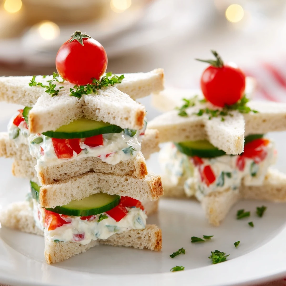 Stacked Star Christmas Tree Sandwiches, with vibrant red pepper and cucumber fillings, are ready to serve.