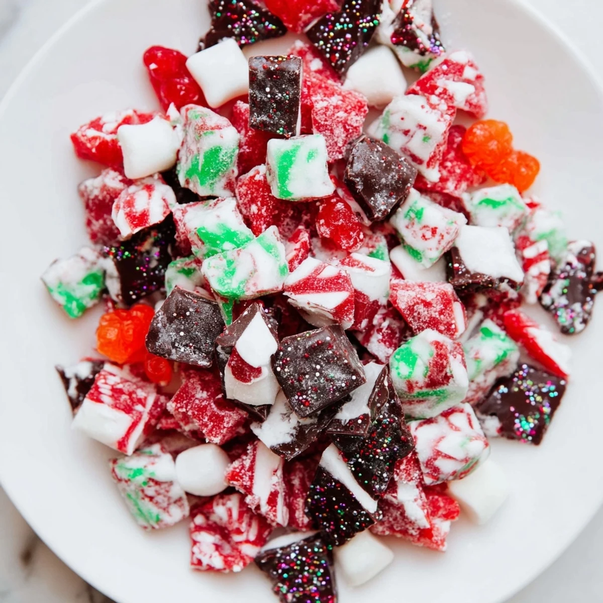 Vibrant Jingle Bell Rock Candy Display, showcasing colorful, sugary shards alongside holiday chocolates.