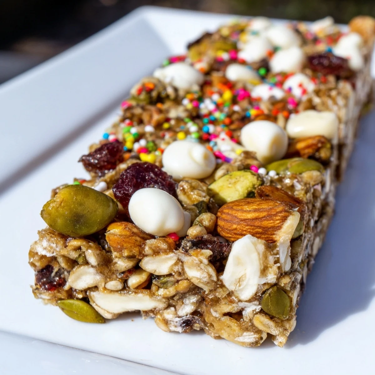 Winter Wonderland Trail Mix Bar: A close-up of a festive, crunchy bar with bright red cranberries.