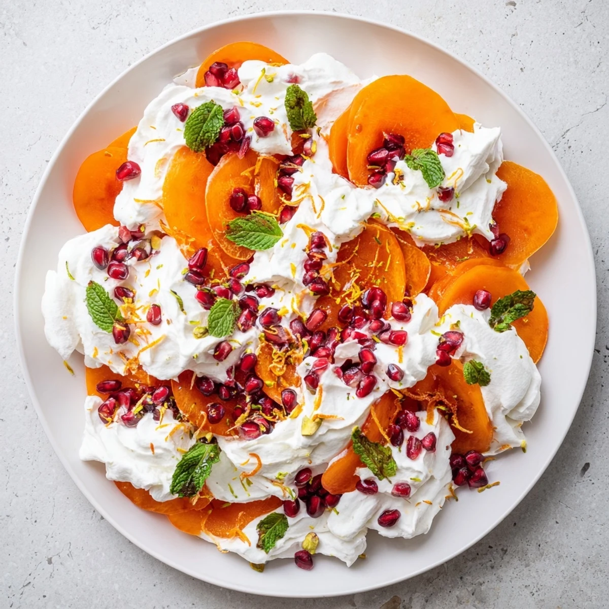 Vibrant Winter Fruit Snowscape showcases sliced persimmons and pears, drizzled with sweet creamy mascarpone.