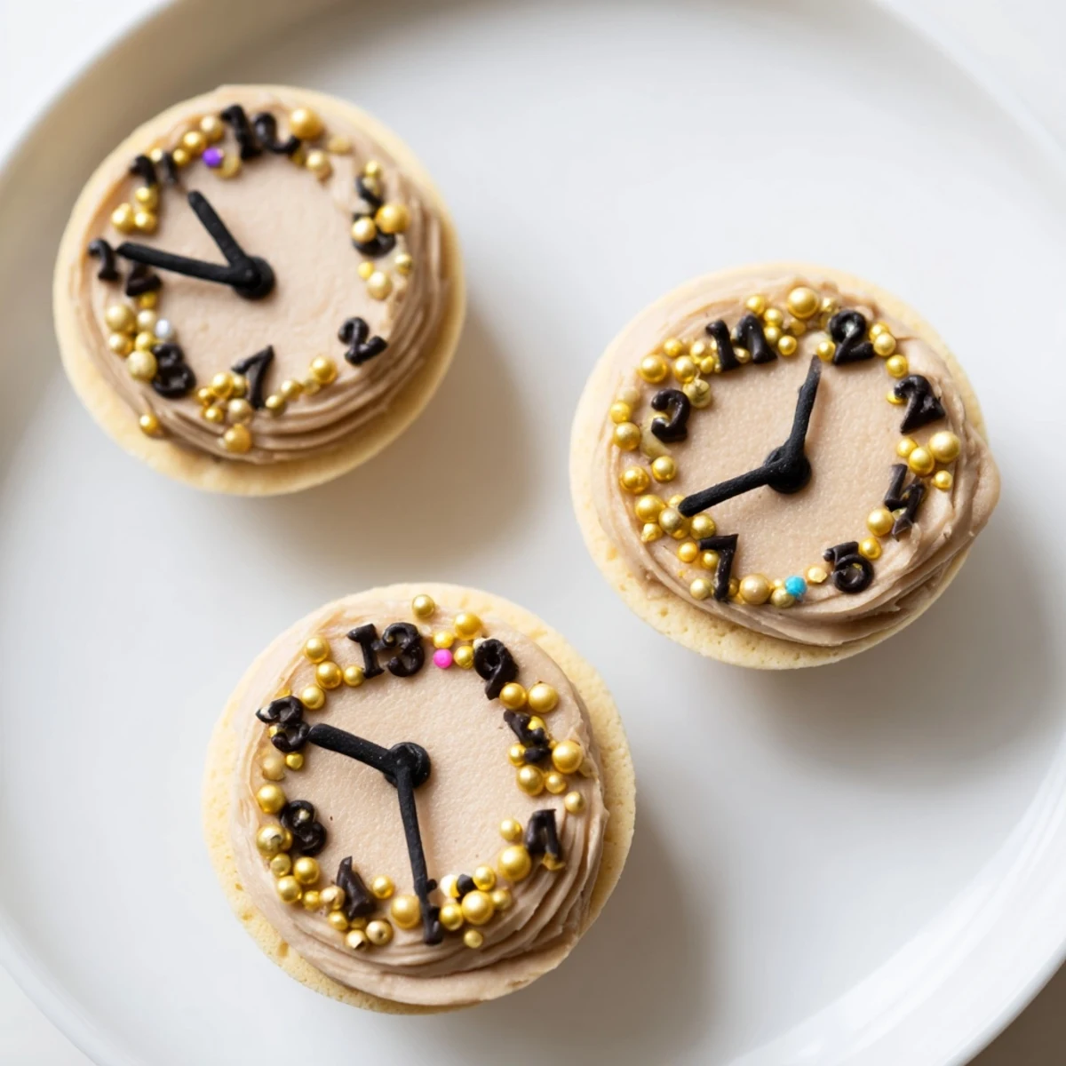Golden, frosted Countdown Clock Mini Desserts with edible pearls, inviting a celebratory treat.